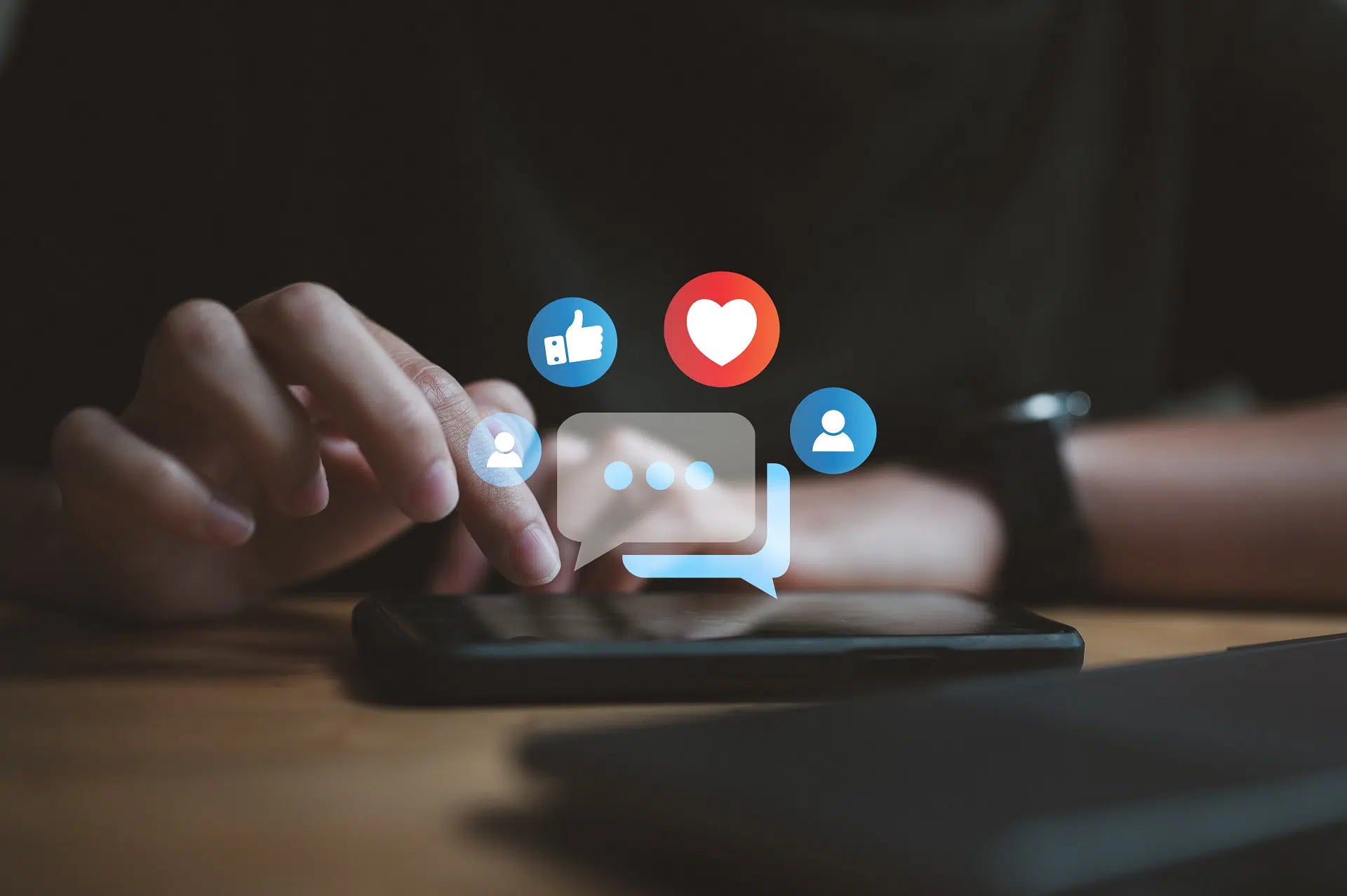 A hand about to touch a mobile file with floating icons | Divorce Lawyer | The Hemmat Law Group