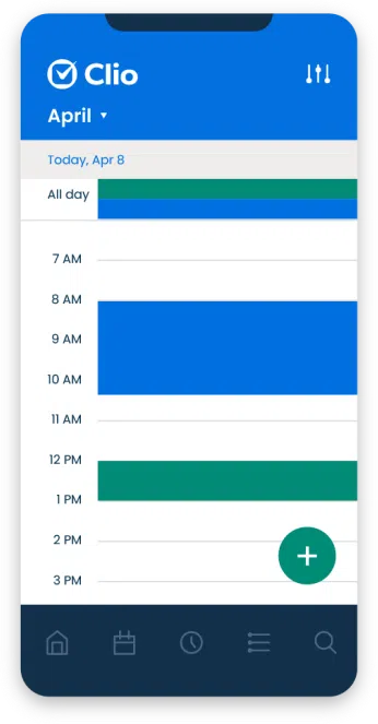 Smartphone displaying the Clio calendar for April 8 | Father Rights Lawyer | The Hemmat Law Group