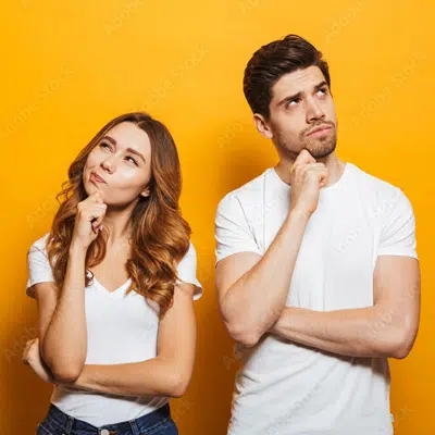Woman and a man thinking, both wearing white t-shirts | child custody lawyer | The Hemmat Law Group