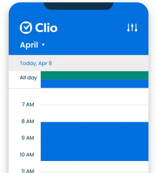 Smartphone displaying the Clio app calendar view | Family Lawyer​ | The Hemmat Law Group