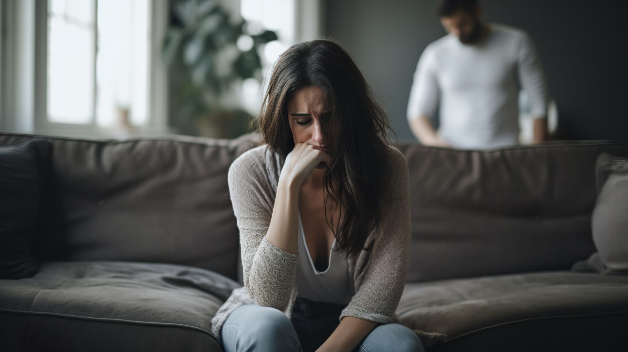 Distressed woman sitting on couch with partner behind her | Hemmat Law Group