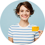 Smiling woman holding a credit card against a blue backdrop | Hemmat Law Group