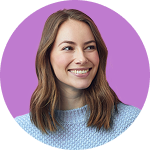 Smiling woman portrait against a purple graphic background | Hemmat Law Group