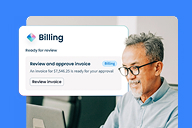 Billing reminder graphic beside a man reviewing an invoice | Hemmat Law Group
