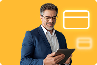Businessman using tablet beside digital payment card icons | Hemmat Law Group