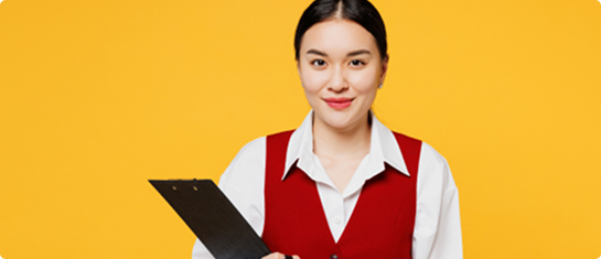 Professional woman holding a clipboard on yellow background | Hemmat Law Group