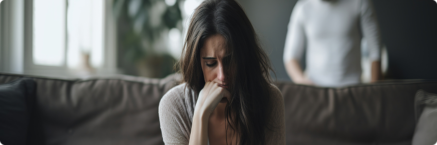 Distressed woman seated on couch with person in background | Hemmat Law Group