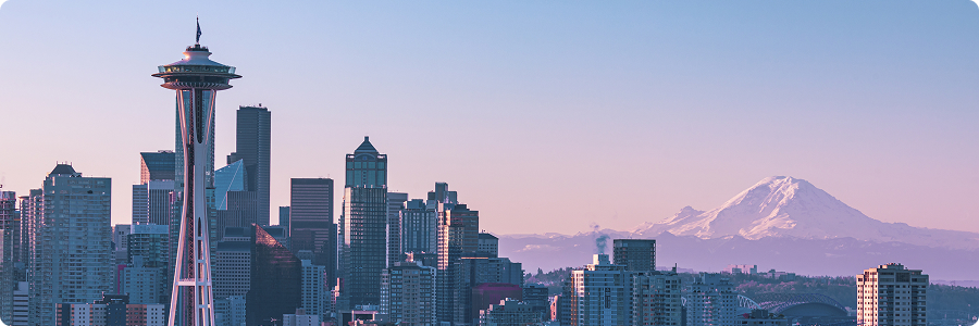 Seattle skyline with Space Needle and Mount Rainier | Hemmat Law Group
