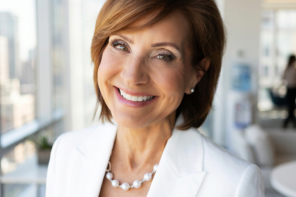 Smiling professional woman wearing white blazer in office | Hemmat Law Group
