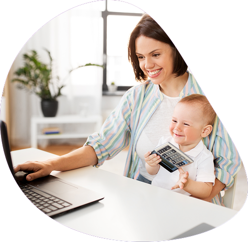 Mother working on laptop while baby holds a calculator | Hemmat Law Group