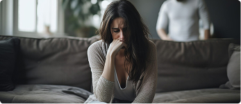Distressed woman sitting on sofa with partner behind her | Hemmat Law Group