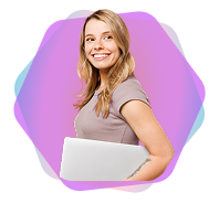 Smiling woman holding a laptop against a purple backdrop | Hemmat Law Group